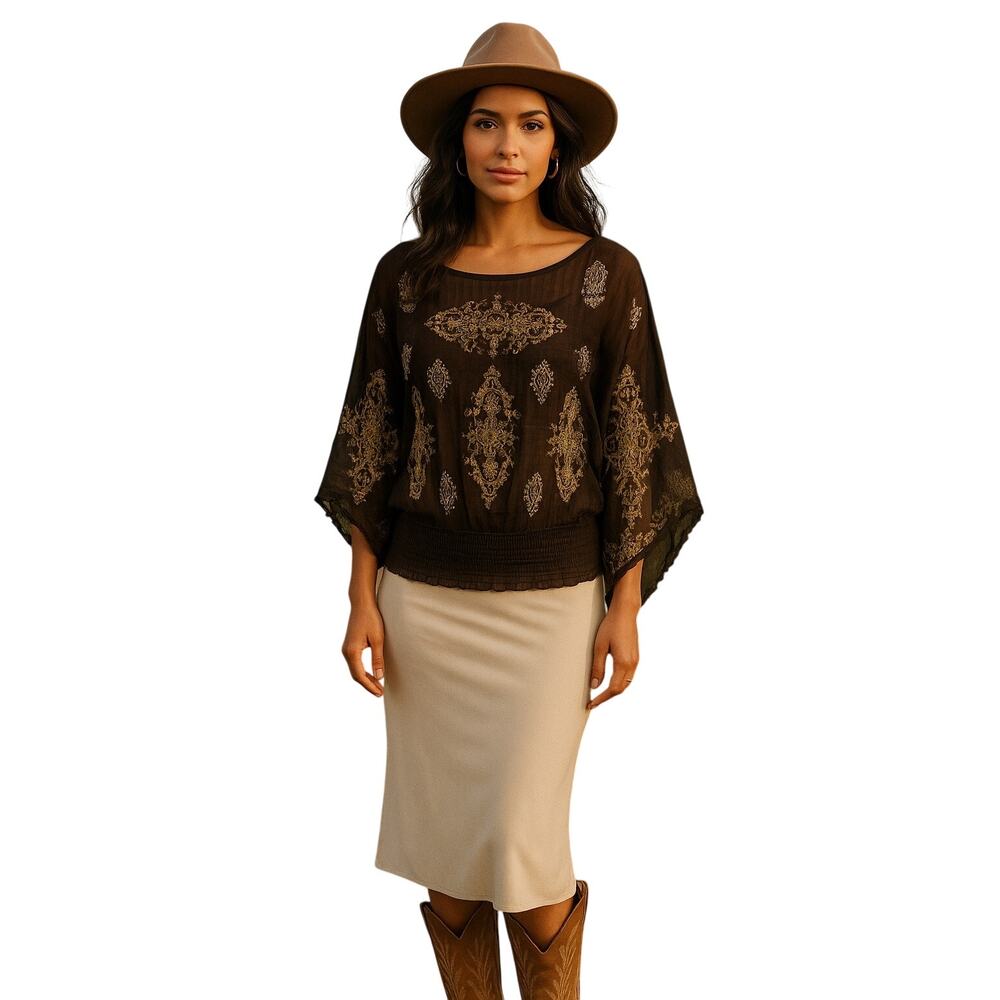 Karen Kane 100% Silk Sheer Blouse Boho Gold Baroque Print Top Size Small